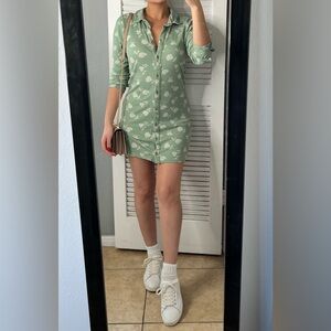 Soft girl cottagecore Sage Green Floral Ribbed Button down Mini shirt Dress S